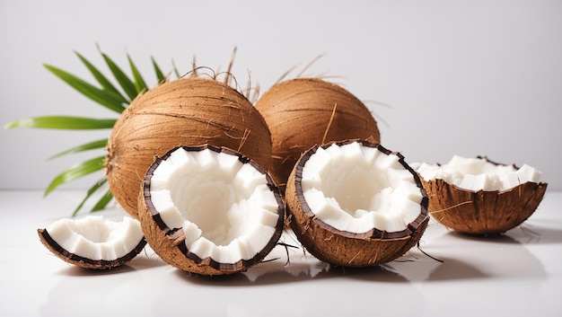 coconuts with a palm leaf on a white background