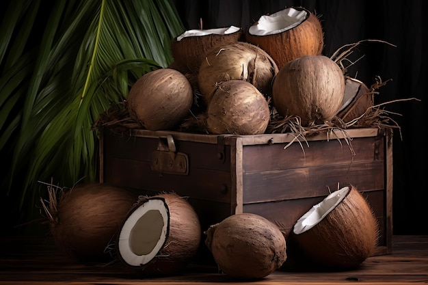 Coconuts in wooden crate Fresh Coconuts