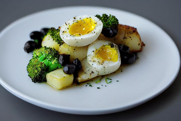 Cod loin baked in olive oil, with potatoes, broccoli, boiled egg and black olives. Typical dish of Portugal.