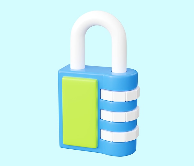 Code lock 3d render cartoon illustration of blue and green closed combination padlock