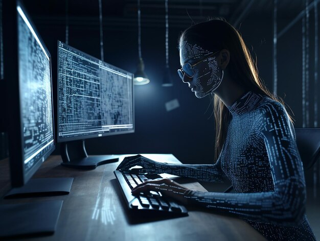 Coding and generated with ai woman in a futuristic robot is sitting at a computer cyber attack