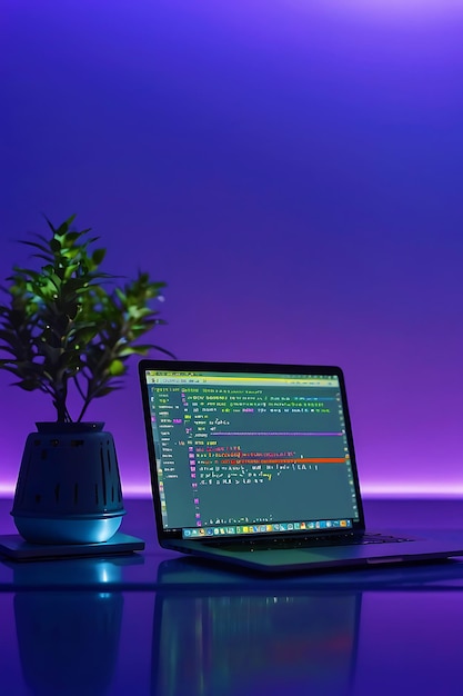 Photo coding at night laptop displaying code with a modern plant on desk