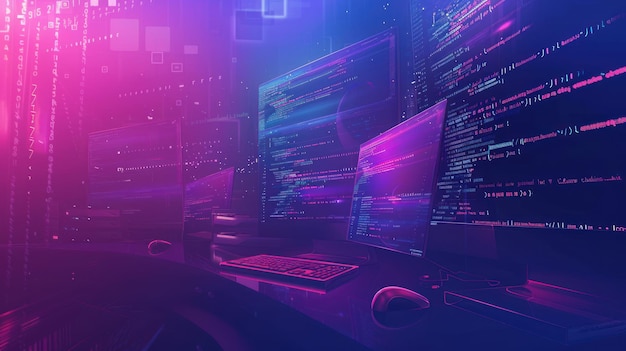 Coding Workstation with Neon Lights