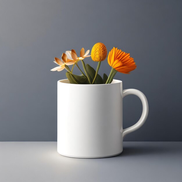 Coffe cup with flowers on the table for mockup