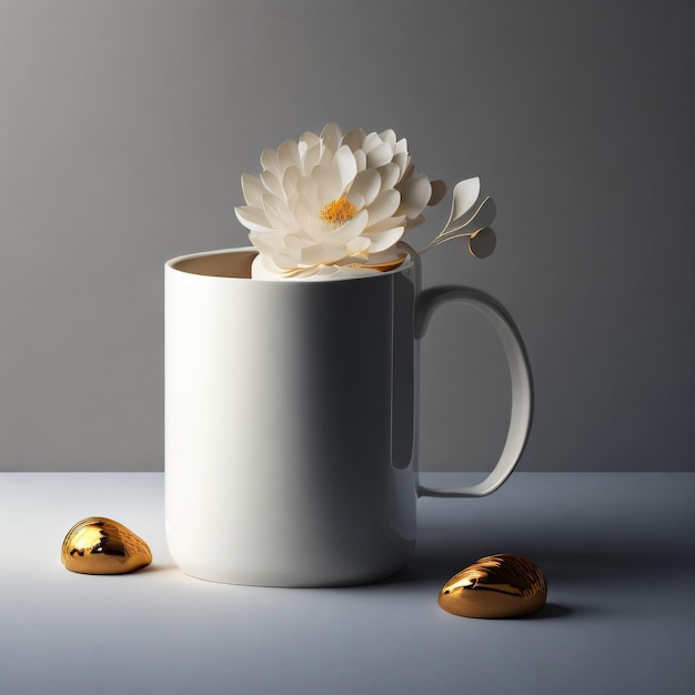 Coffe cup with flowers on the table for mockup