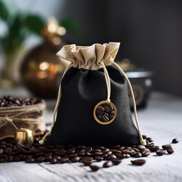 Coffee bag with coffee beans on clean surface Studio shot