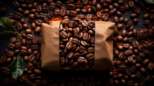 Coffee bag wrapped in coffee beans Generative Ai