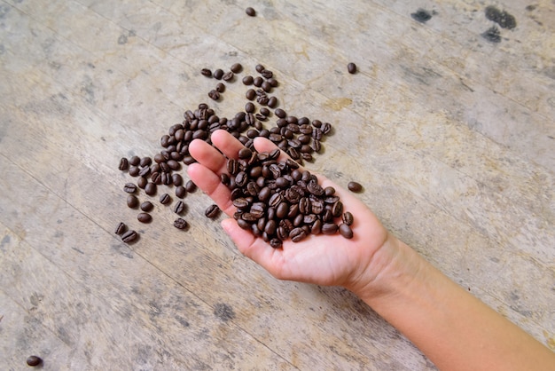 Coffee bean in hand on old wood 