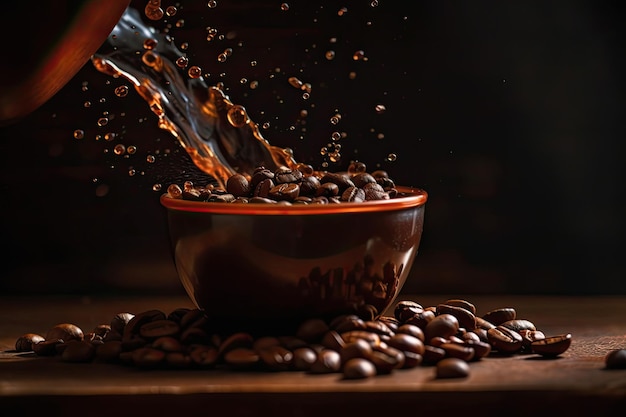 A coffee bean is dropped into a cup that is surrounded by newly roasted coffee beans