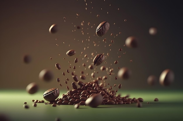 Coffee beans in the air in studio with green background Created by artificial intelligence