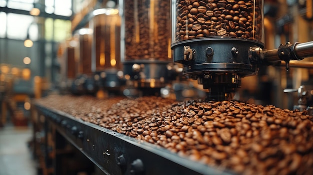 Photo coffee beans are being poured into a coffee machine