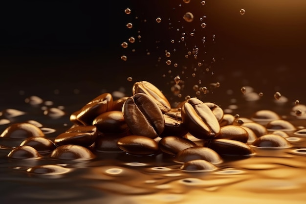 Coffee beans are falling on a table with water droplets on them.