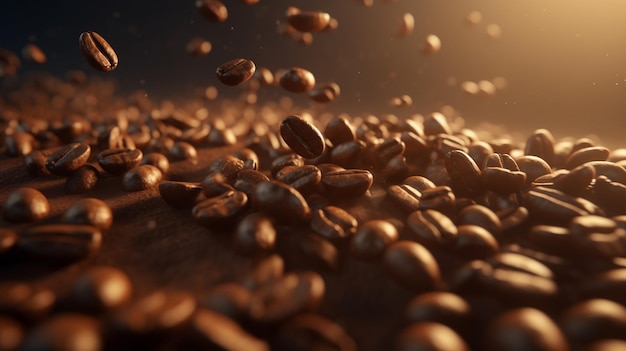 Coffee beans are flying among the brown background Generative AI image