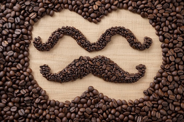 The coffee beans are laid out in the shape of a mustache above them the coffee cups look like eyes