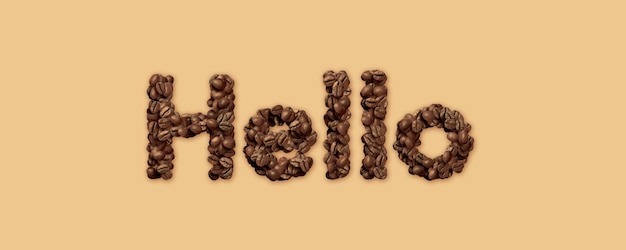 Coffee beans arranged in the word Hello