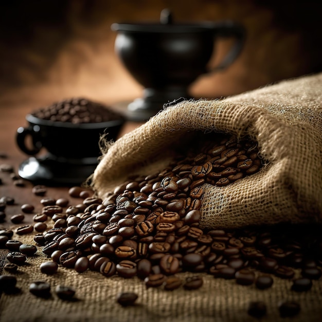 coffee beans on a beautiful burlap rustic table