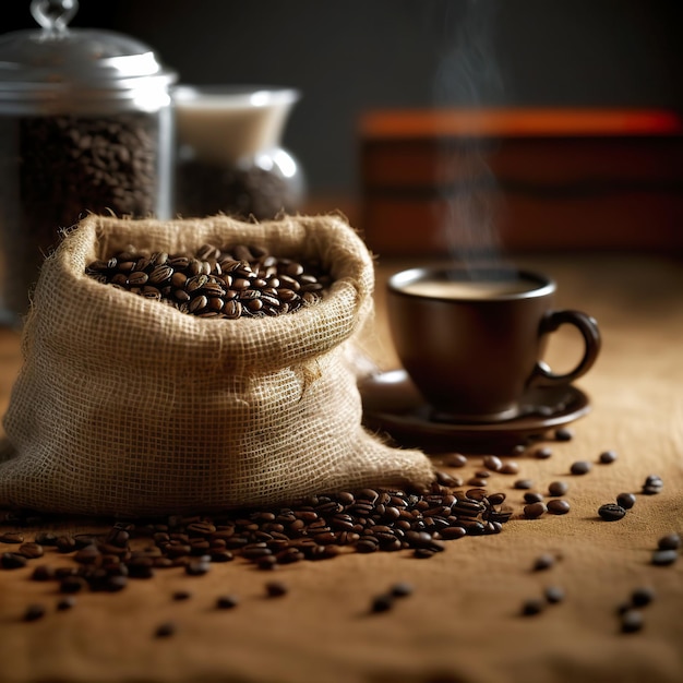 coffee beans on a beautiful burlap rustic table