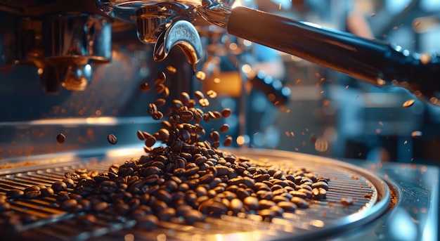 Photo coffee beans being roasted in a metal bowl with steam rising