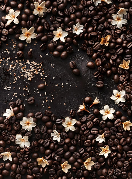 Coffee beans and blossoms background with a variety of keywords related to aroma beans beverage