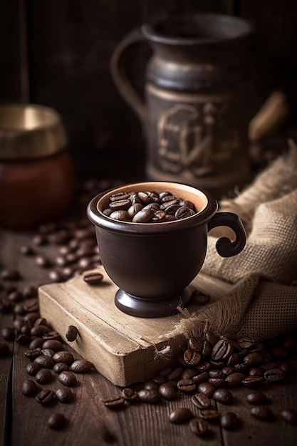 Coffee beans on a book with a cup of coffee on top.