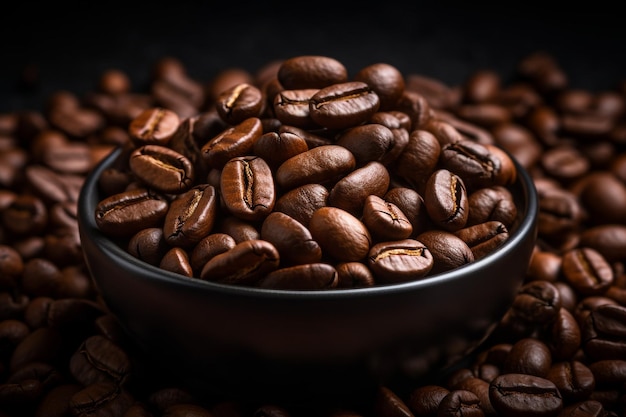 Coffee beans in a bowl on a dark background