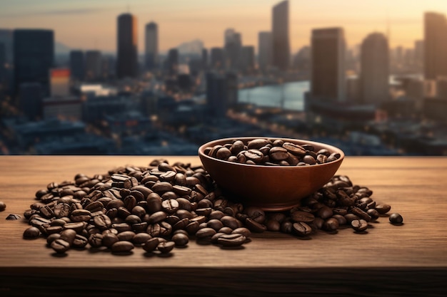 Coffee beans in a bowl on a wooden table with a cityscape background