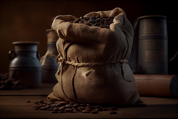 Coffee beans in burlap sack on wooden table dark backgroundgenerative ai