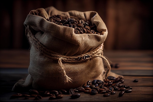 Coffee beans in burlap sack on wooden table dark backgroundgenerative ai