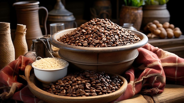 Coffee beans in ceramic bowls Rustic and charming display