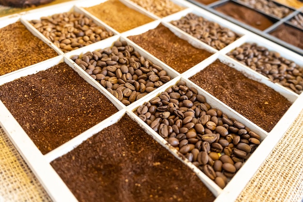 Coffee beans close up Various types of coffee whole grains and ground coffee on the counter in the store