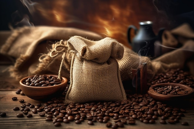 Coffee beans and coffee beans on a table