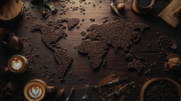 Photo coffee beans and coffee beans on a wooden table