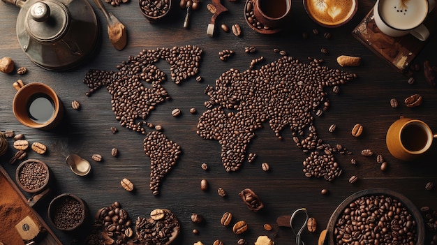 Photo coffee beans and coffee beans on a wooden table