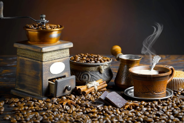 Coffee beans and coffee grinders on a table