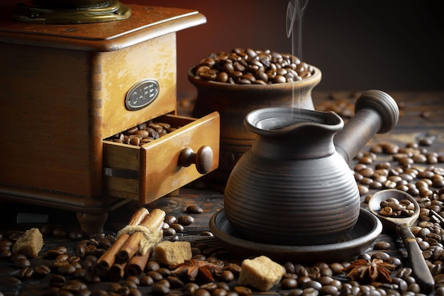 Coffee beans and a coffee pot with a lid that says'coffee beans'on it