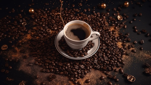 Coffee beans and a cup of coffee on a table