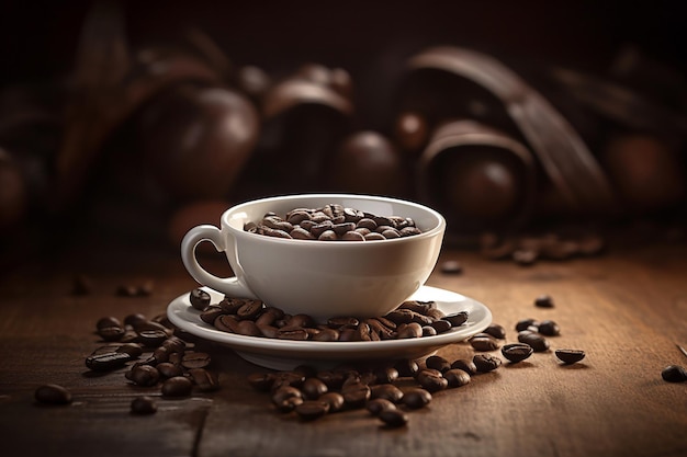 Coffee beans and a cup of coffee on a table