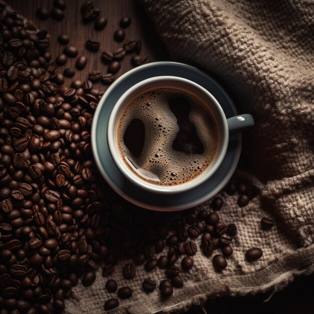 Coffee beans and a cup of coffee on a table