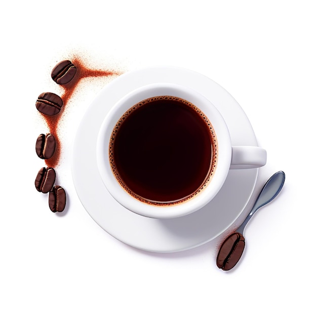 Coffee beans and cup on white background