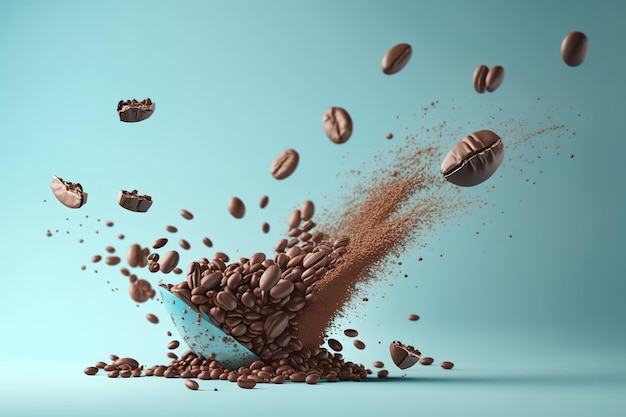 Coffee beans falling in the air on a light blue background shot in a photographic studio