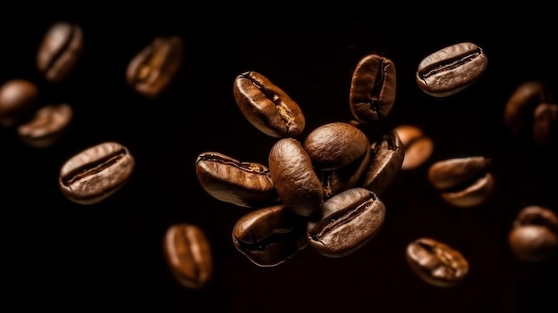 Coffee beans falling on a black background