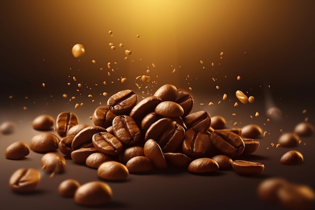 Coffee beans falling into the air with a golden light behind them