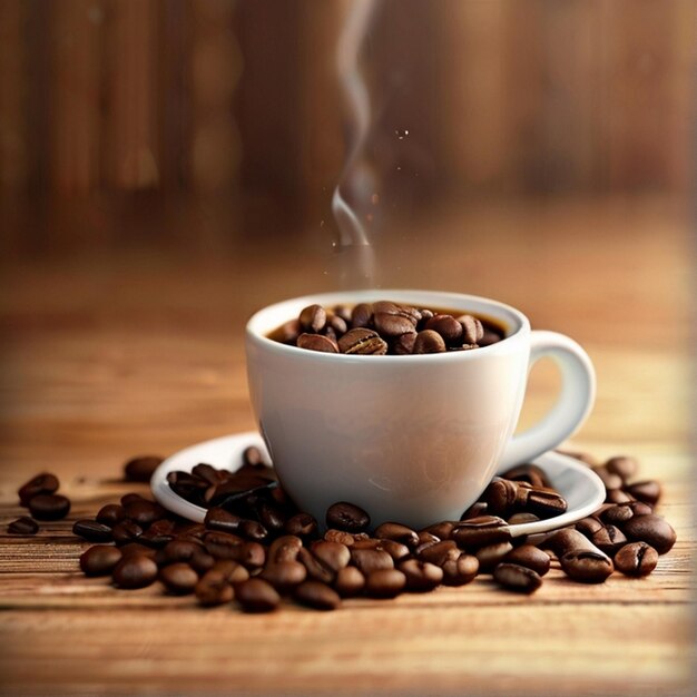 Coffee beans falling into a cup with coffee beans on a blur wooden background