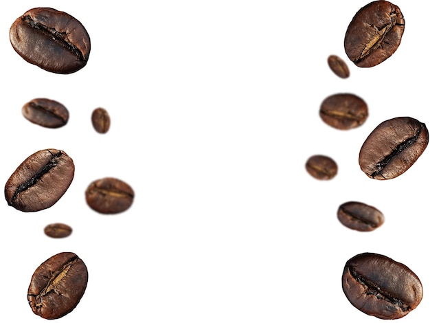 Coffee beans floating on a white background.