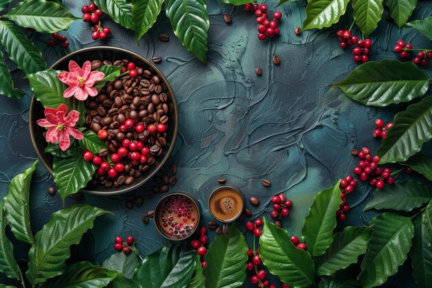 Photo coffee beans and flowers arranged on a teal background