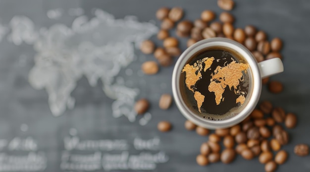 Photo coffee beans forming world map with a mug of brewed coffee