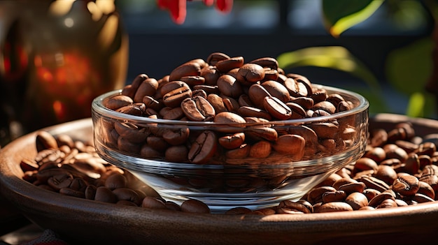 Coffee beans in a glass bowl, with a tree in the background.