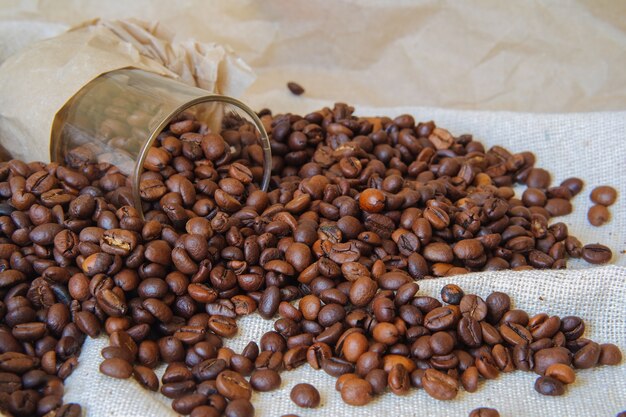 Coffee beans in a glass upside down