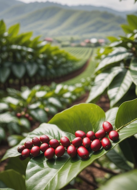 coffee beans on green leaf in farm