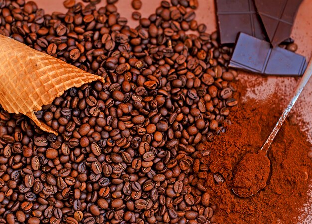 Coffee beans and ground coffee chocolate